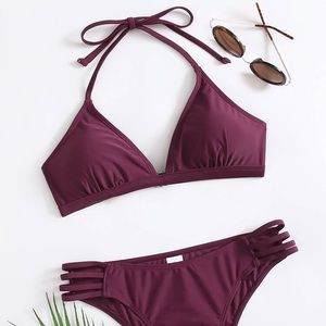 Small Violet Solid Cut Out Halter Bikini Swimsuit